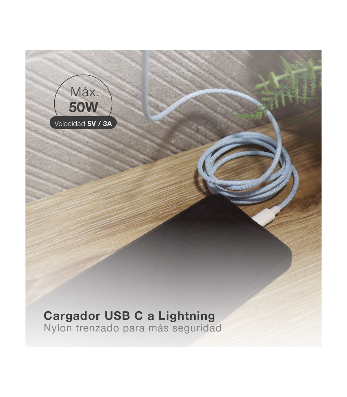 Cable USB Tipo C a conector Lightning nylon trenzado 1,5M