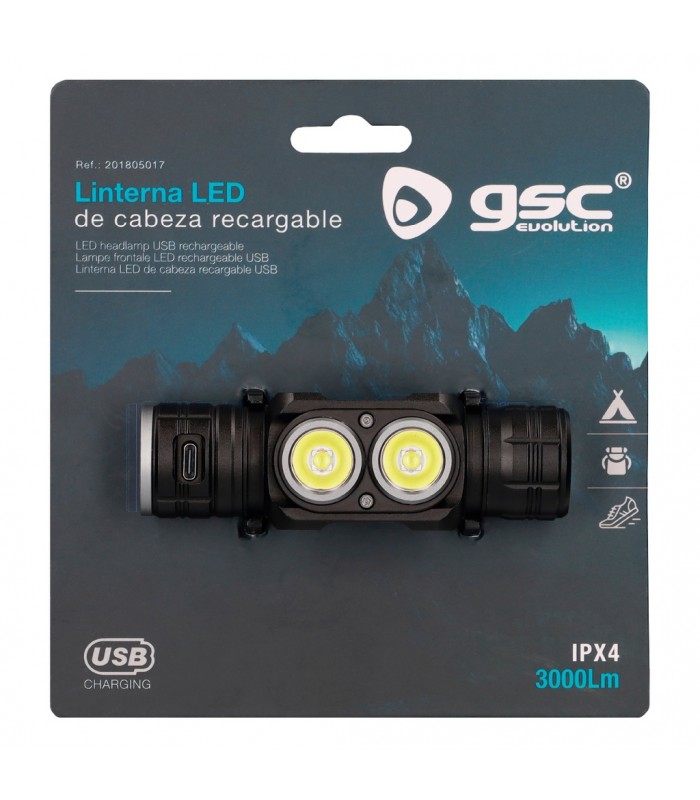 Linterna LED de cabeza 40W 3000Lm recargable USB C
