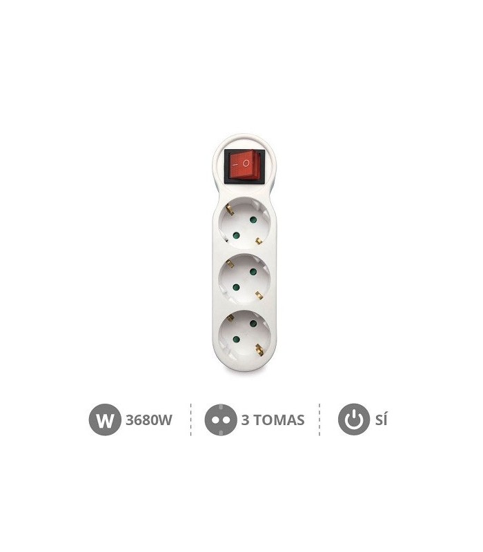 Adaptador triple salida sucko en línea con Interruptor 250V 16A