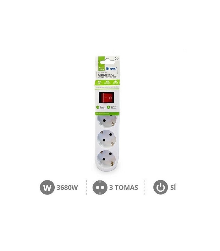 Adaptador triple salida sucko en línea con Interruptor 250V 16A