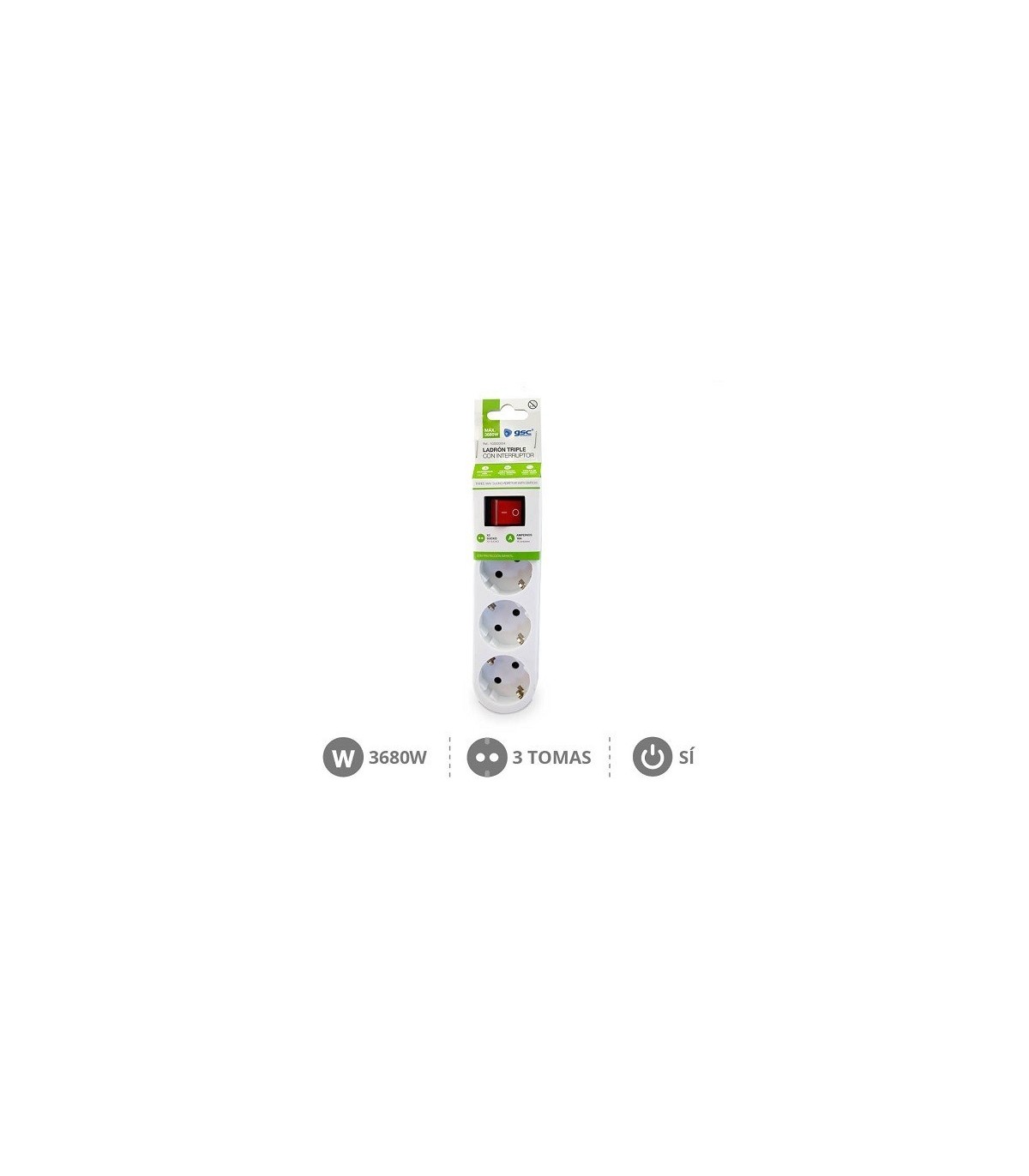 Adaptador triple salida sucko en línea con Interruptor 250V 16A