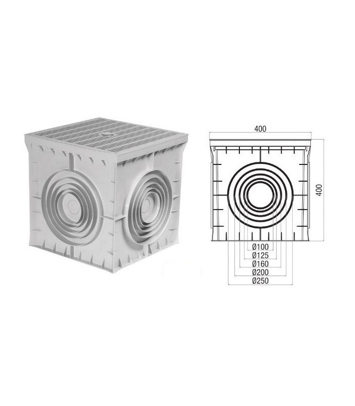 Arqueta 400x400x400mm 4 salidas con tapa ciega gris