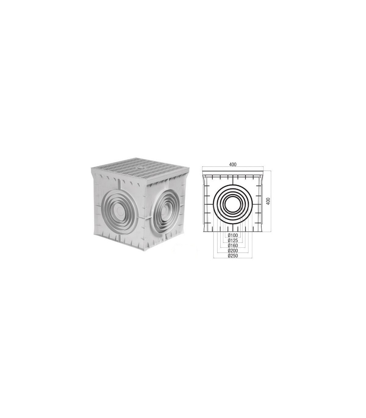 Arqueta 400x400x400mm 4 salidas con tapa ciega gris