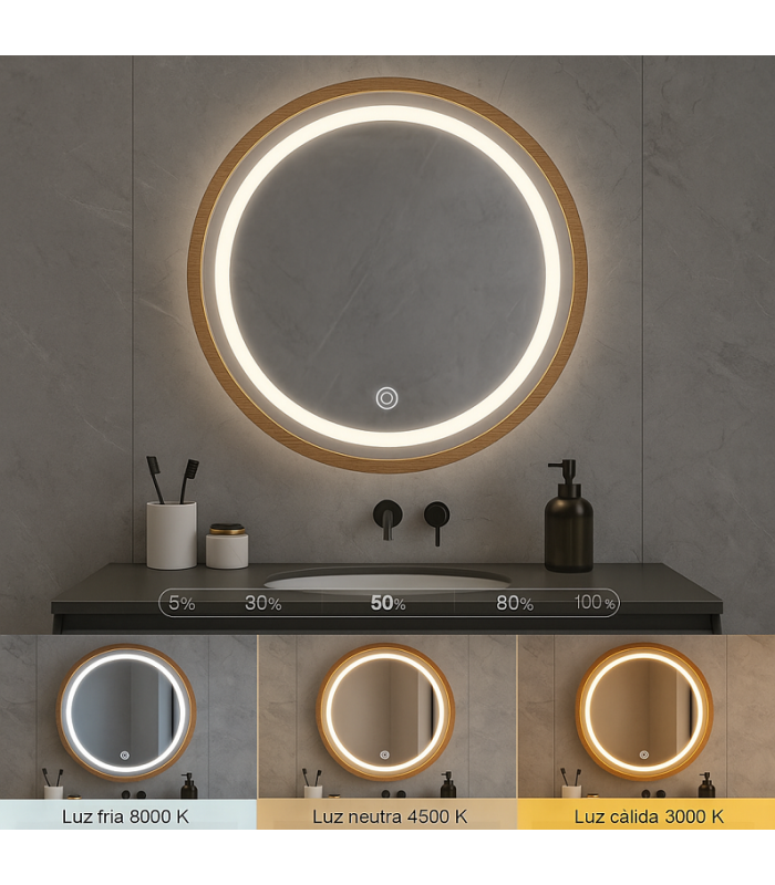 Espejo Para Baño LED WOOD ROUND 15W 606Lm CCT