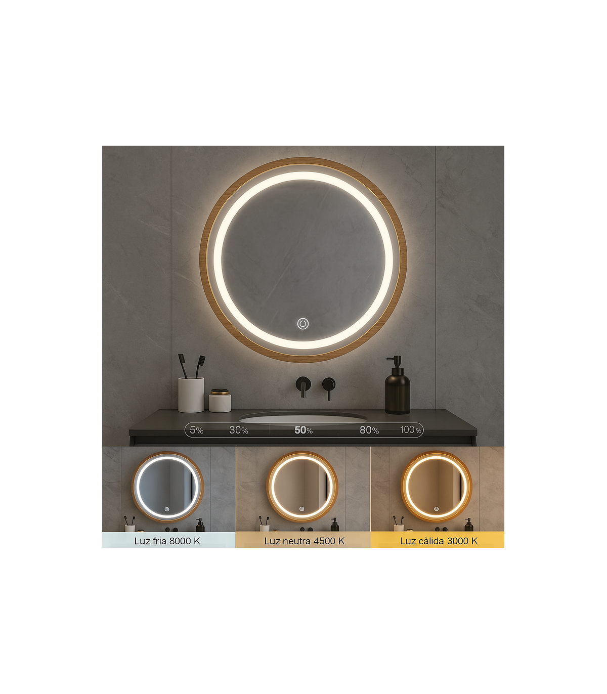 Espejo Para Baño LED WOOD ROUND 15W 606Lm CCT