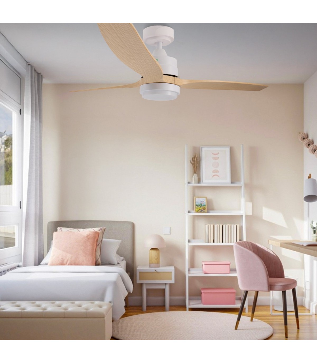 Ventilador WHITE SARA DC Blanco 18W 1200Lm 3 Aspas Haya CCT