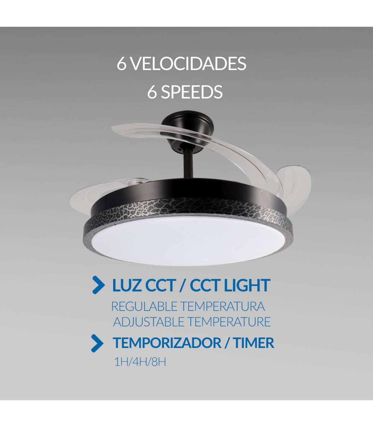 Ventilador BLACK RAIL DC 43W 3000Lm 4 Aspas CCT