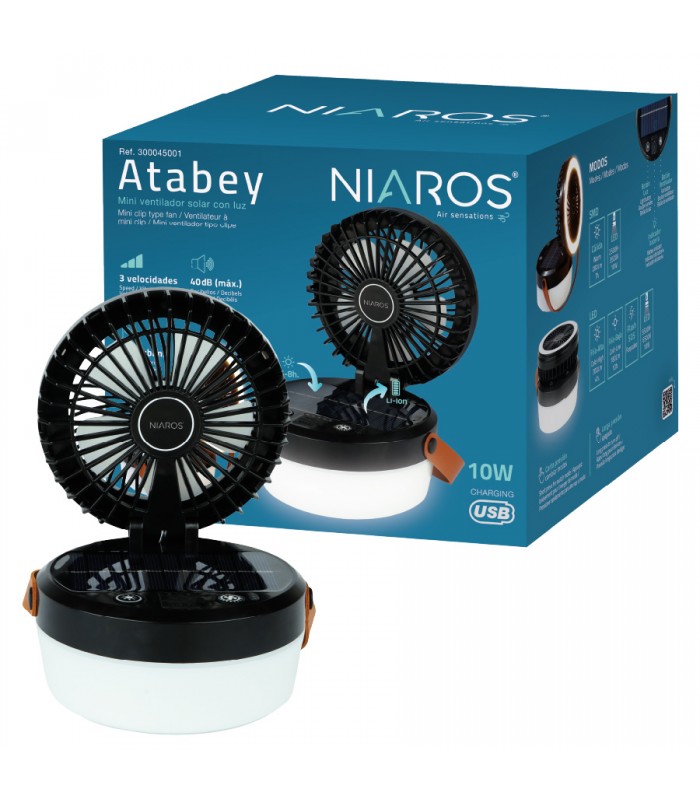 Mini ventilador solar ATABEY con Luz y USB recargable