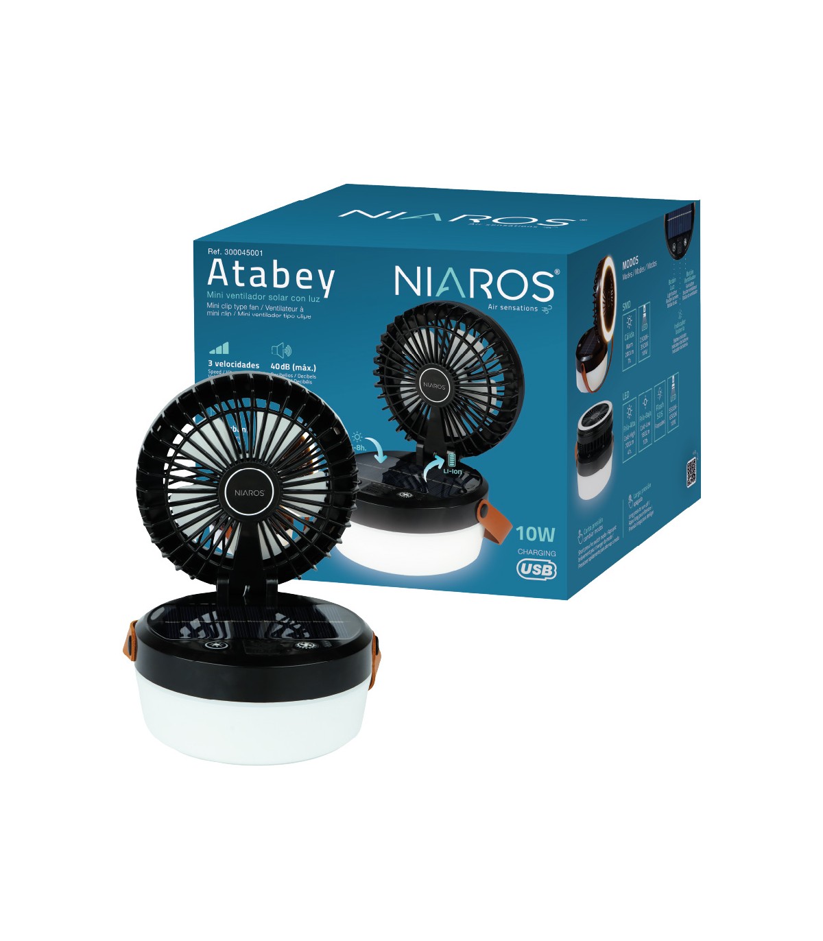 Mini ventilador solar ATABEY con Luz y USB recargable