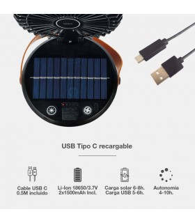 Mini ventilador solar ATABEY con Luz y USB recargable