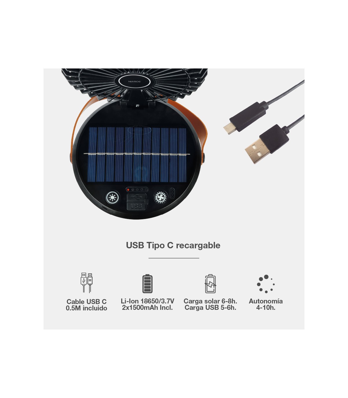 Mini ventilador solar ATABEY con Luz y USB recargable
