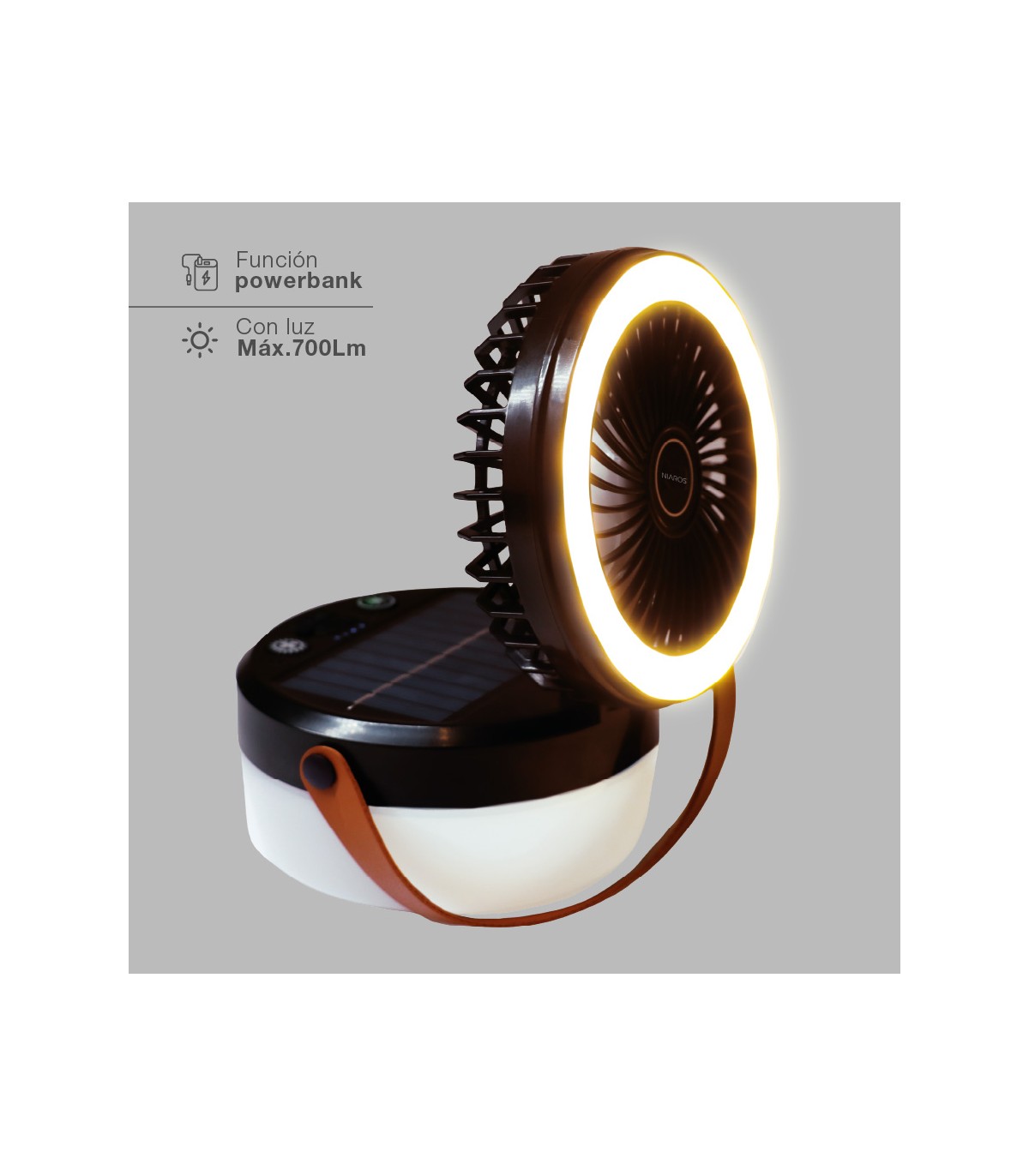 Mini ventilador solar ATABEY con Luz y USB recargable