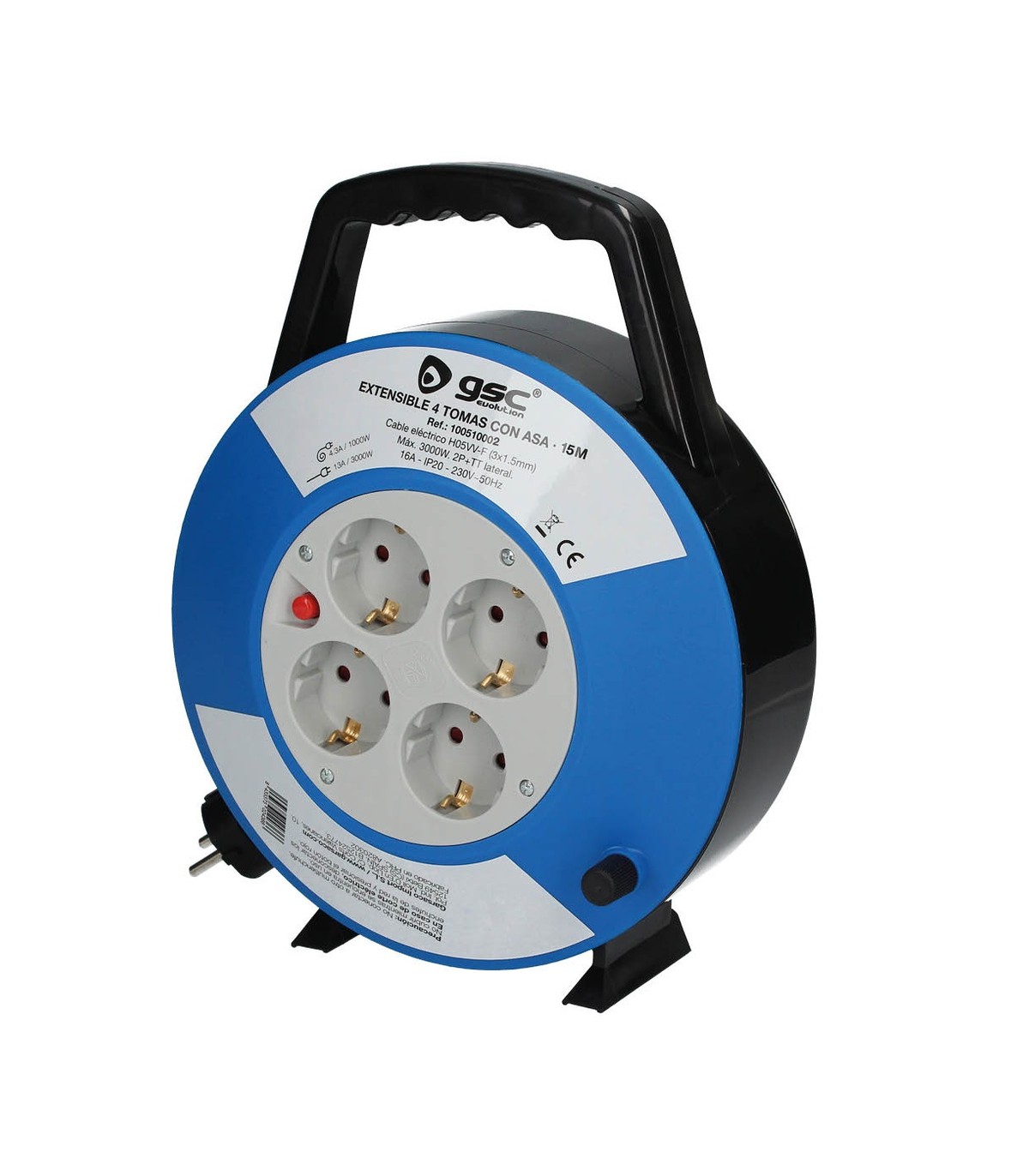 Enrollacables alargador con asa 4 enchufes (3x1.5mm) 15M