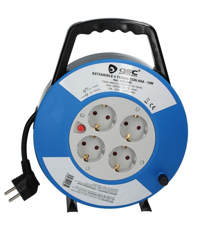 Enrollacables alargador con asa 4 enchufes (3x1.5mm) 10M