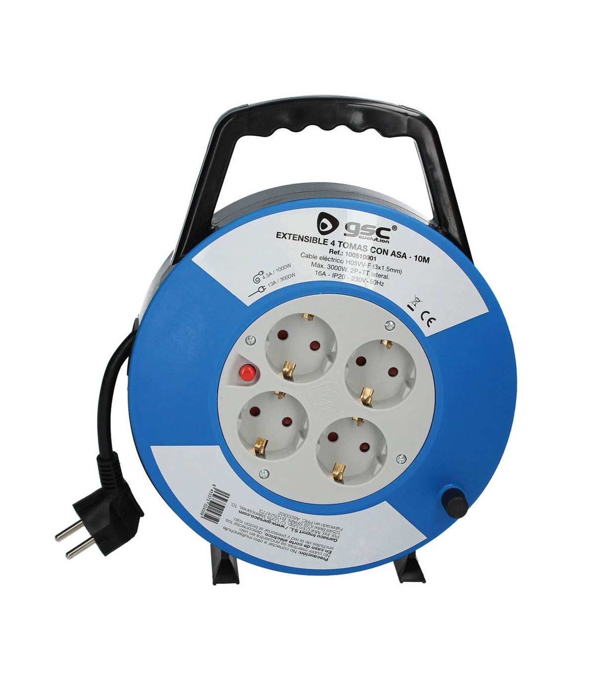 Enrollacables alargador con asa 4 enchufes (3x1.5mm) 10M