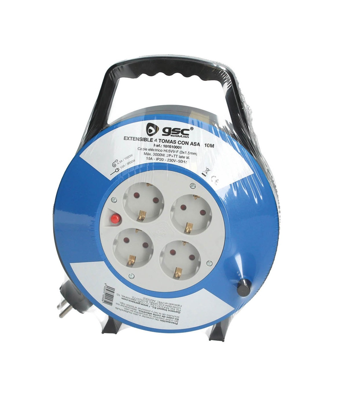 Enrollacables alargador con asa 4 enchufes (3x1.5mm) 10M