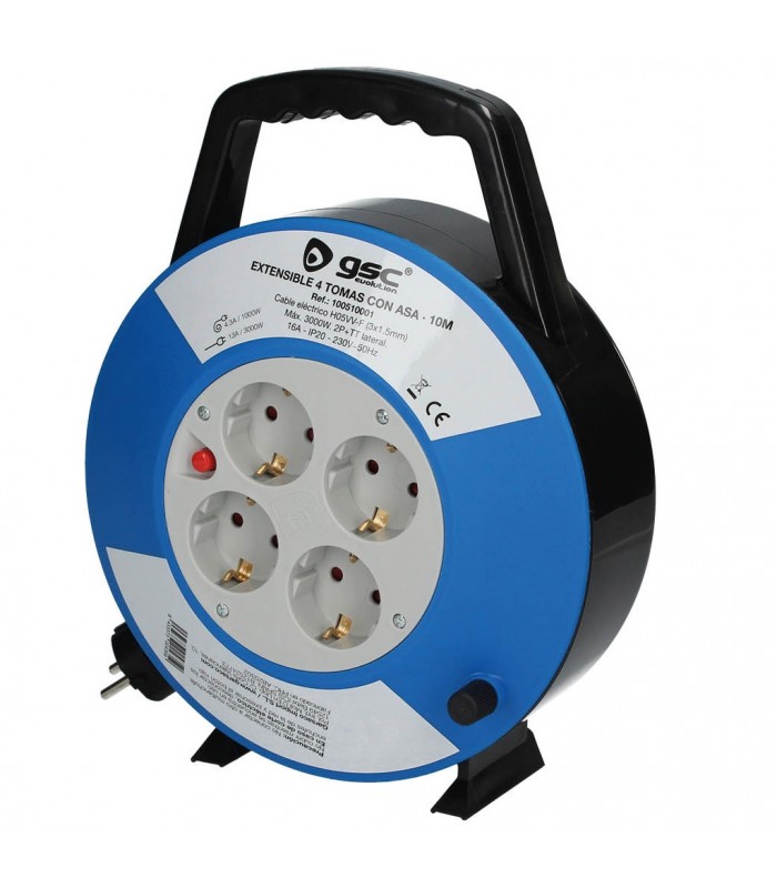 Enrollacables alargador con asa 4 enchufes (3x1.5mm) 10M