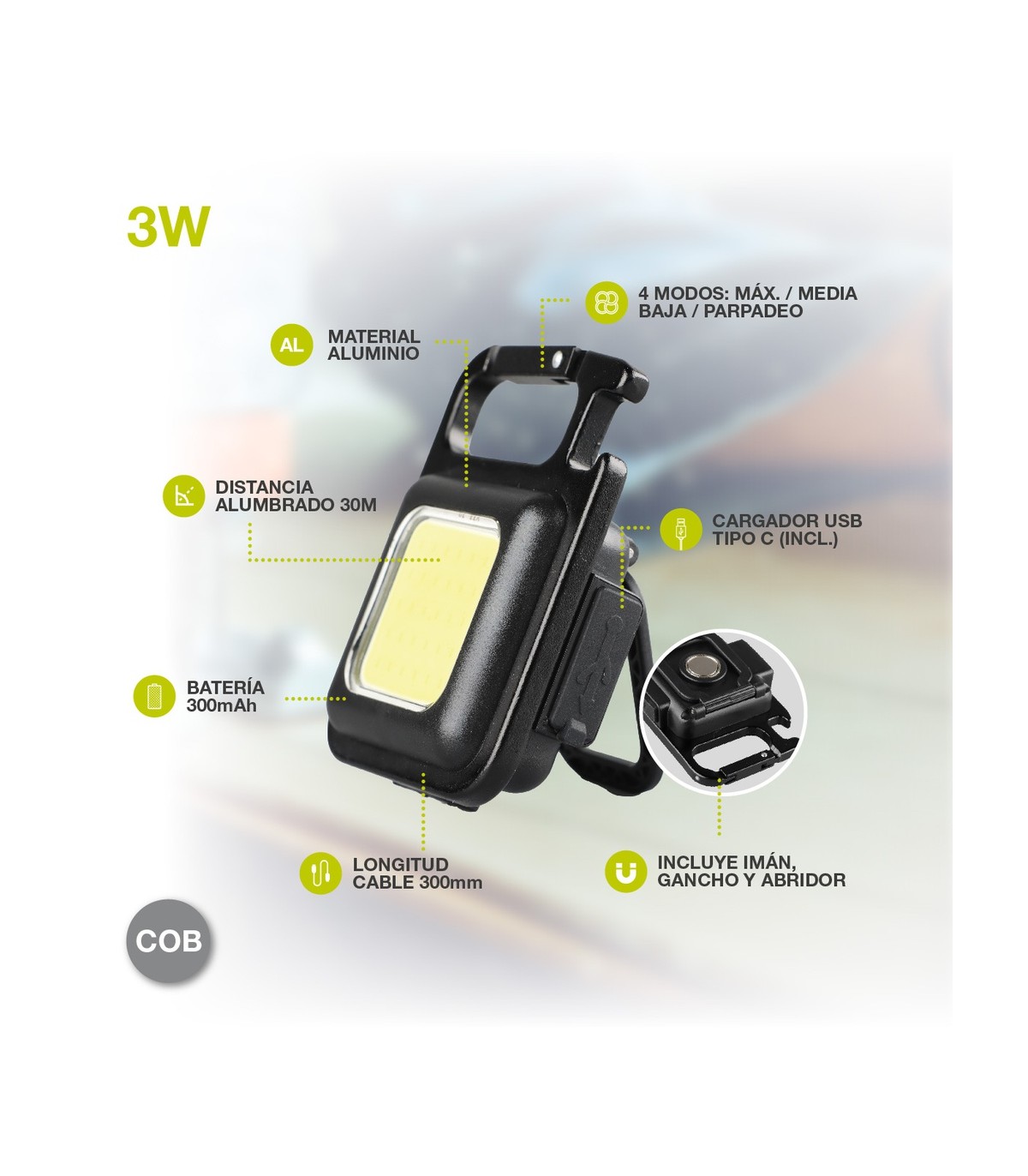Linterna LED con abridor 3W 350Lm Recargable