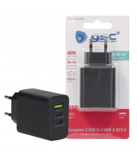 Cargador 230V a 3 USB: 1xQC3.0 + 2xTipo C 5V/3A 40W