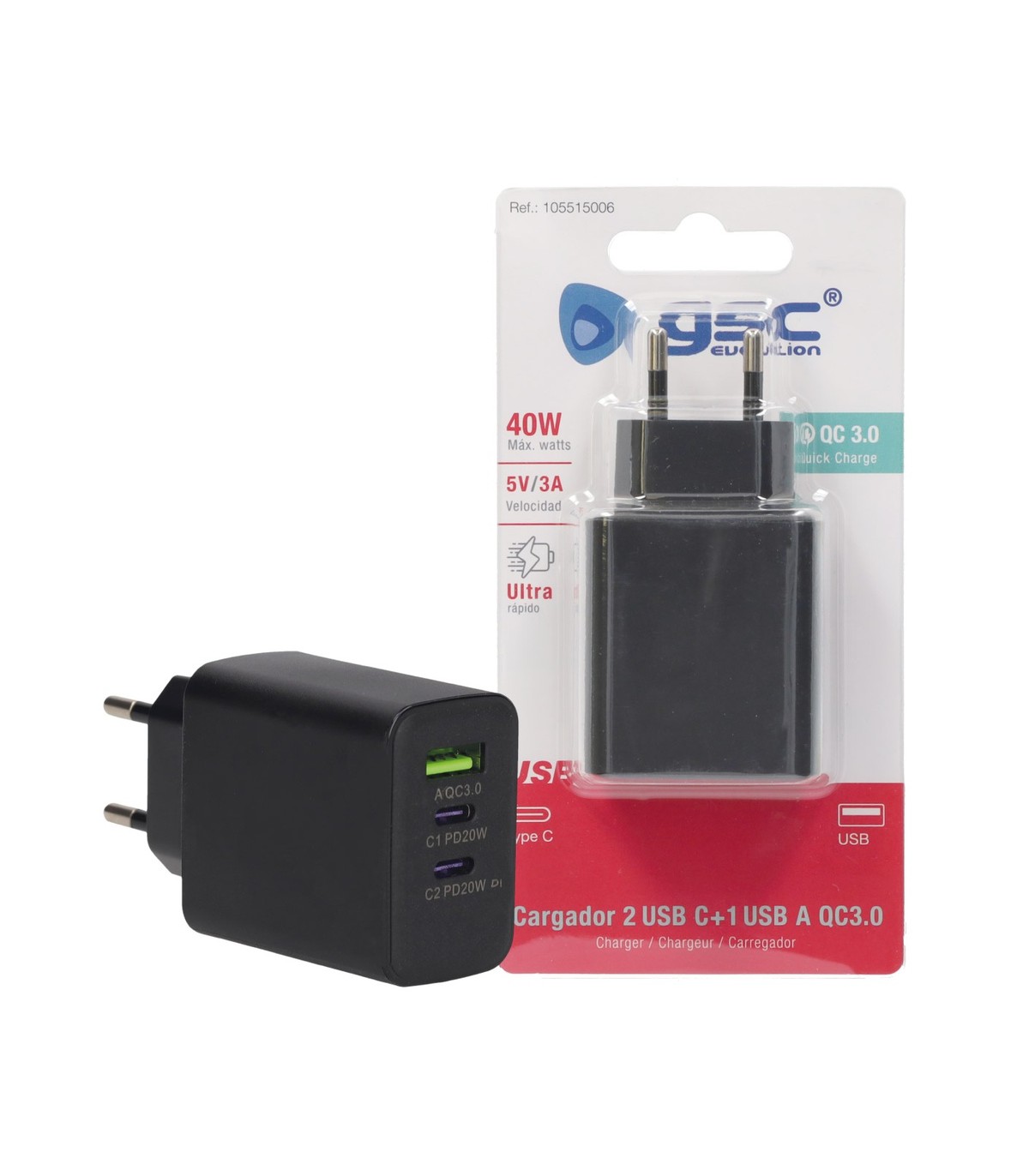 Cargador 230V a 3 USB: 1xQC3.0 + 2xTipo C 5V/3A 40W