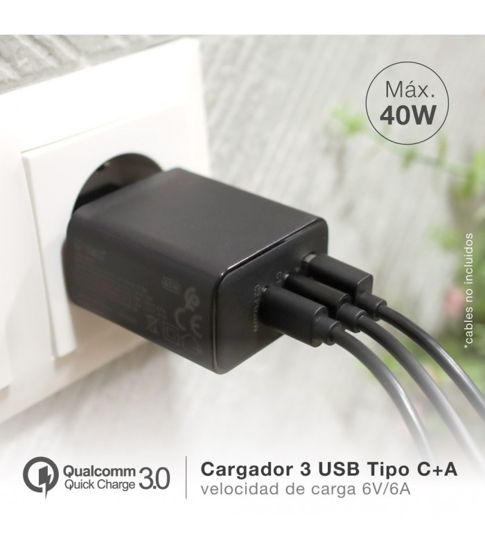 Cargador 230V a 3 USB: 1xQC3.0 + 2xTipo C 5V/3A 40W