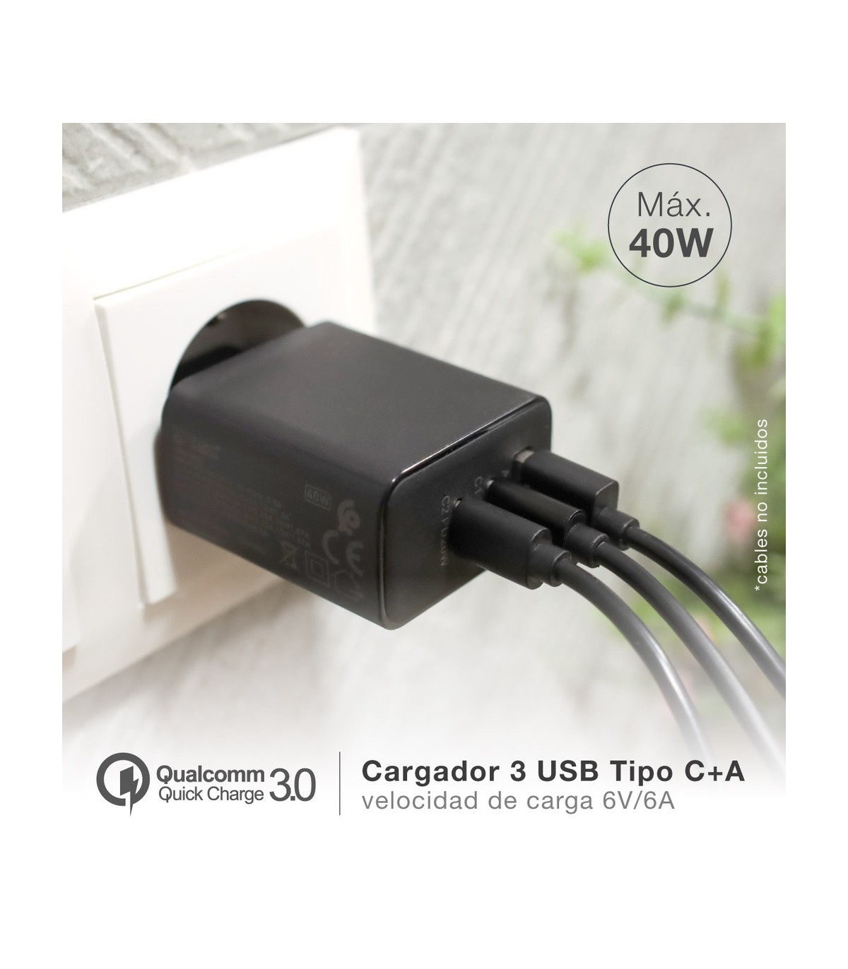 Cargador 230V a 3 USB: 1xQC3.0 + 2xTipo C 5V/3A 40W