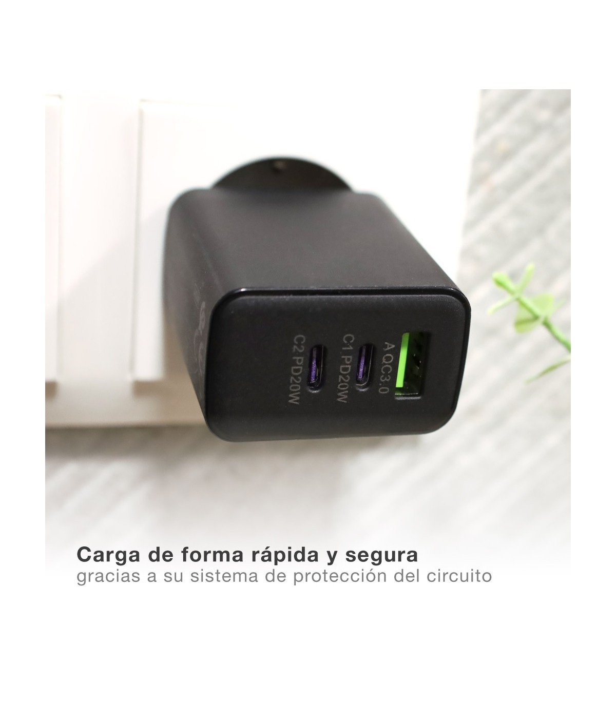 Cargador 230V a 3 USB: 1xQC3.0 + 2xTipo C 5V/3A 40W