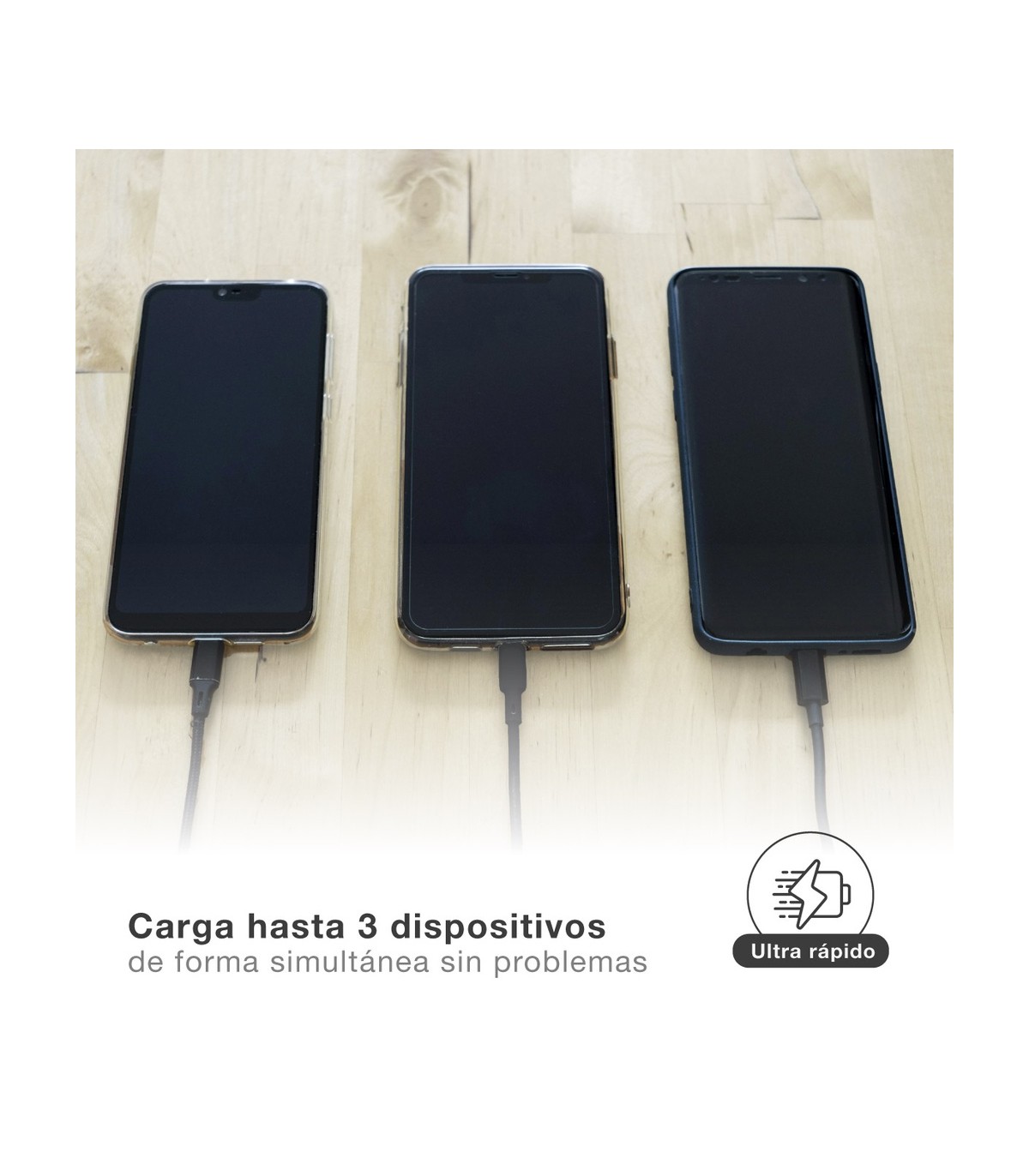 Cargador 230V a 3 USB: 1xQC3.0 + 2xTipo C 5V/3A 40W