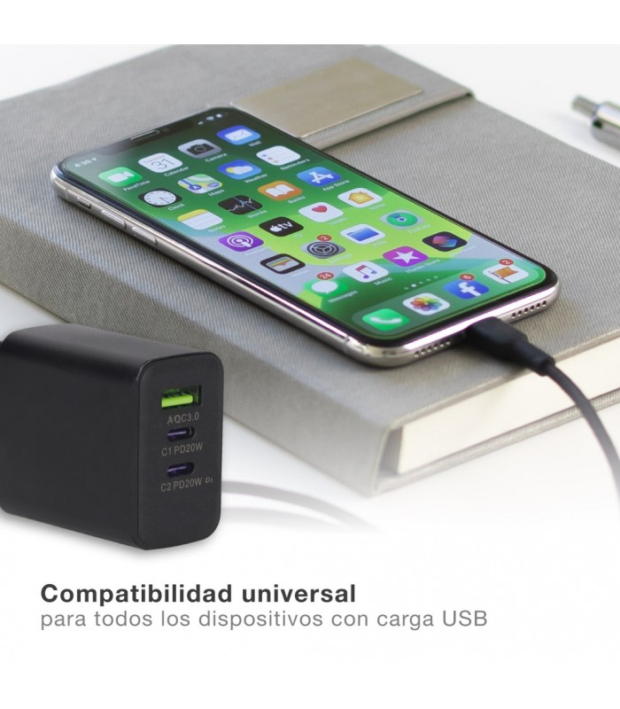 Cargador 230V a 3 USB: 1xQC3.0 + 2xTipo C 5V/3A 40W