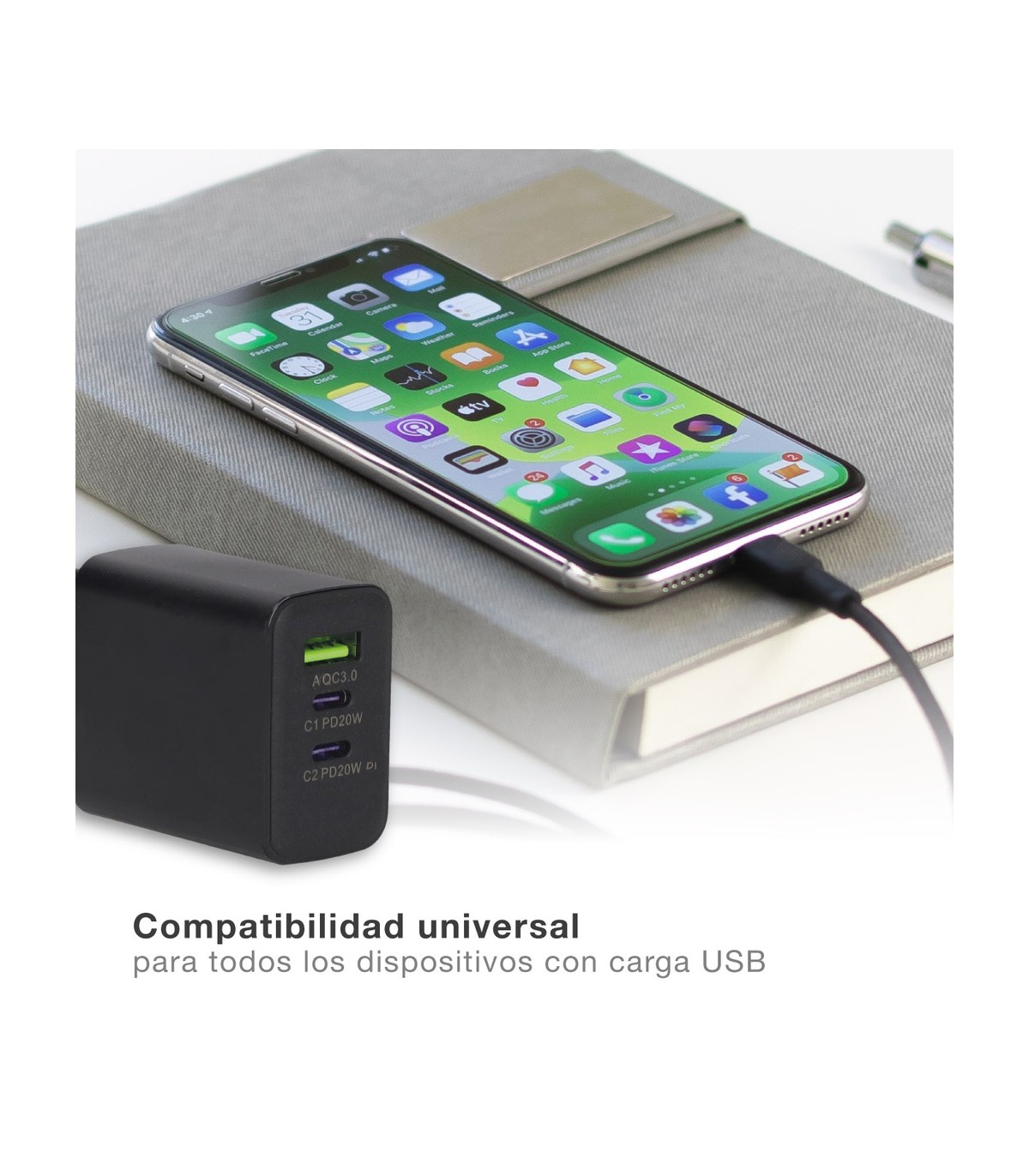 Cargador 230V a 3 USB: 1xQC3.0 + 2xTipo C 5V/3A 40W