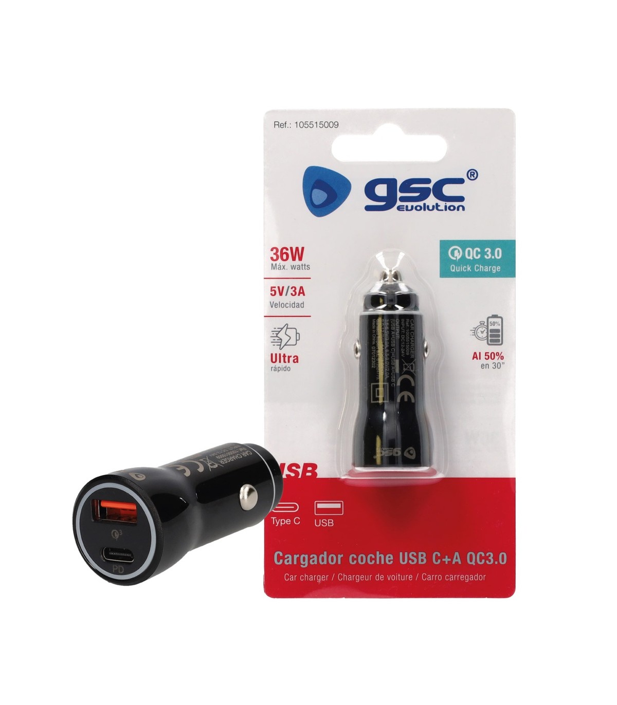 Cargador Mechero Coche a USB C + A QC 3.0 5V/3A 36W