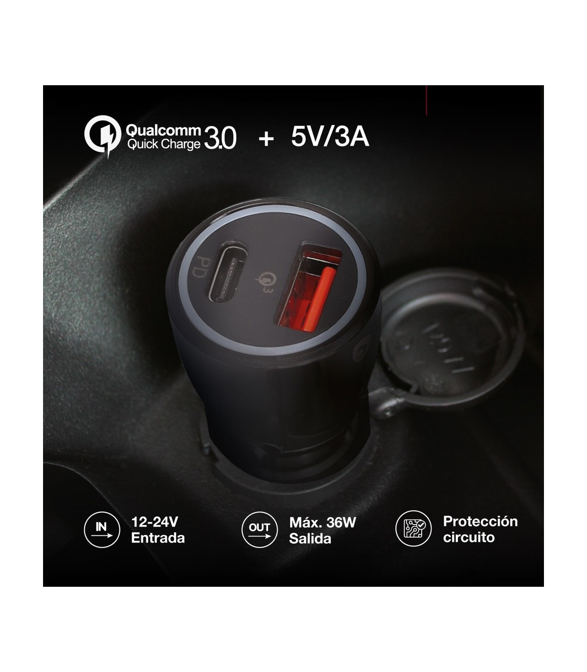 Cargador Mechero Coche a USB C + A QC 3.0 5V/3A 36W