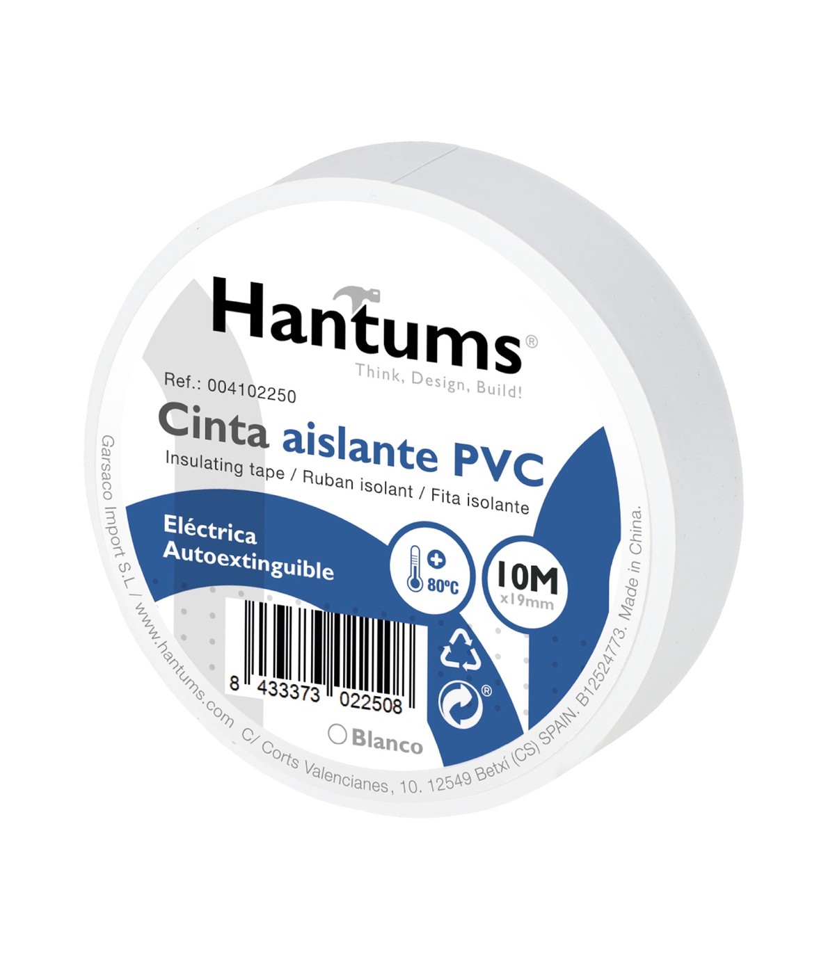 Cinta Aislante PVC 10m Blanca 19mm HANTUMS