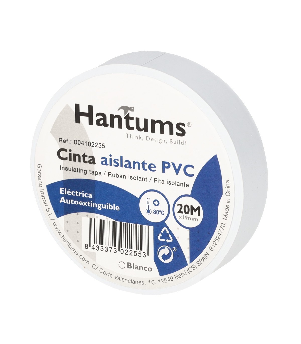 Cinta Aislante PVC 20m Blanca 19mm HANTUMS