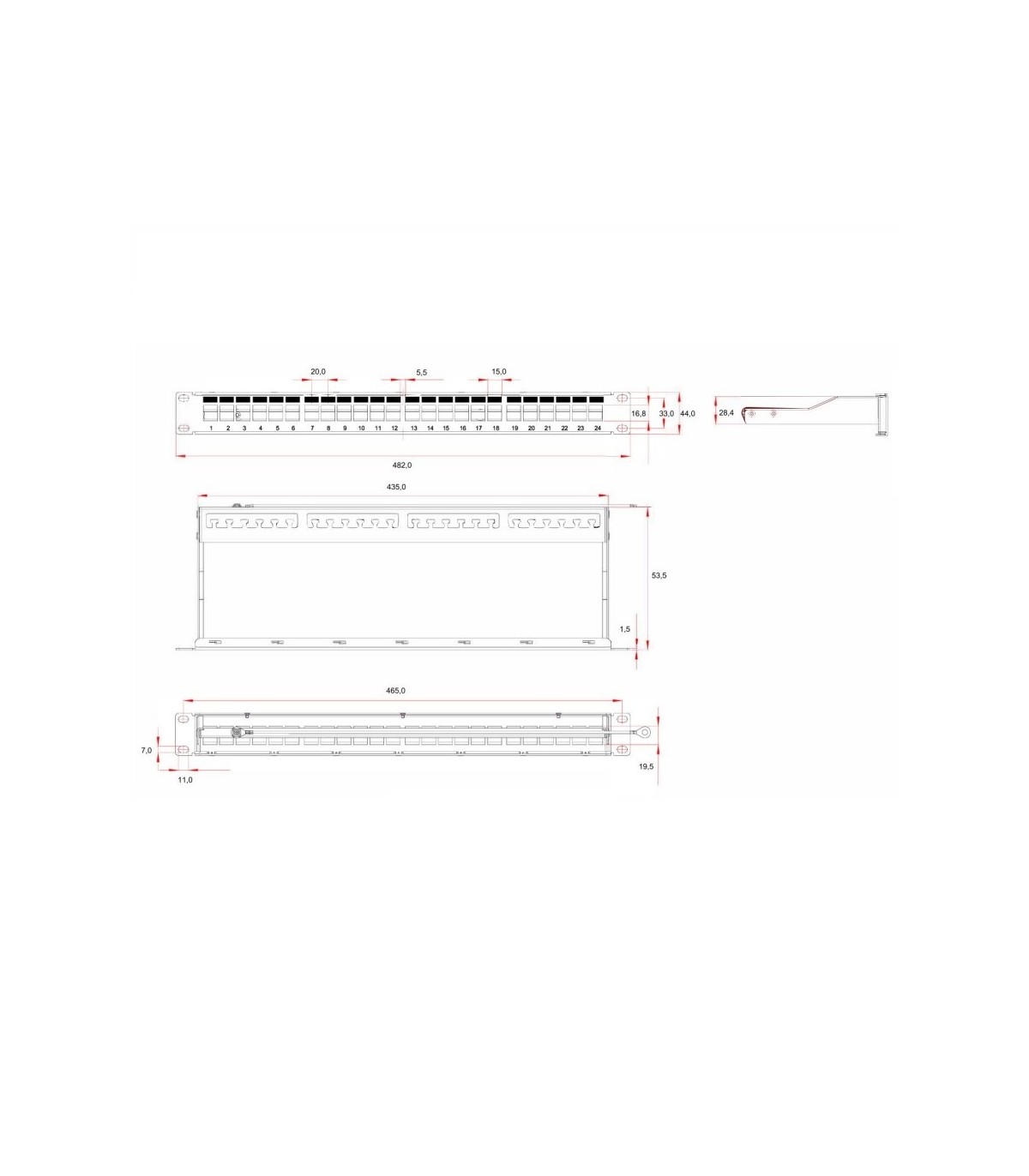 Panel Rack 19" Patch panel 24 puertos Keystone Negro NIMO