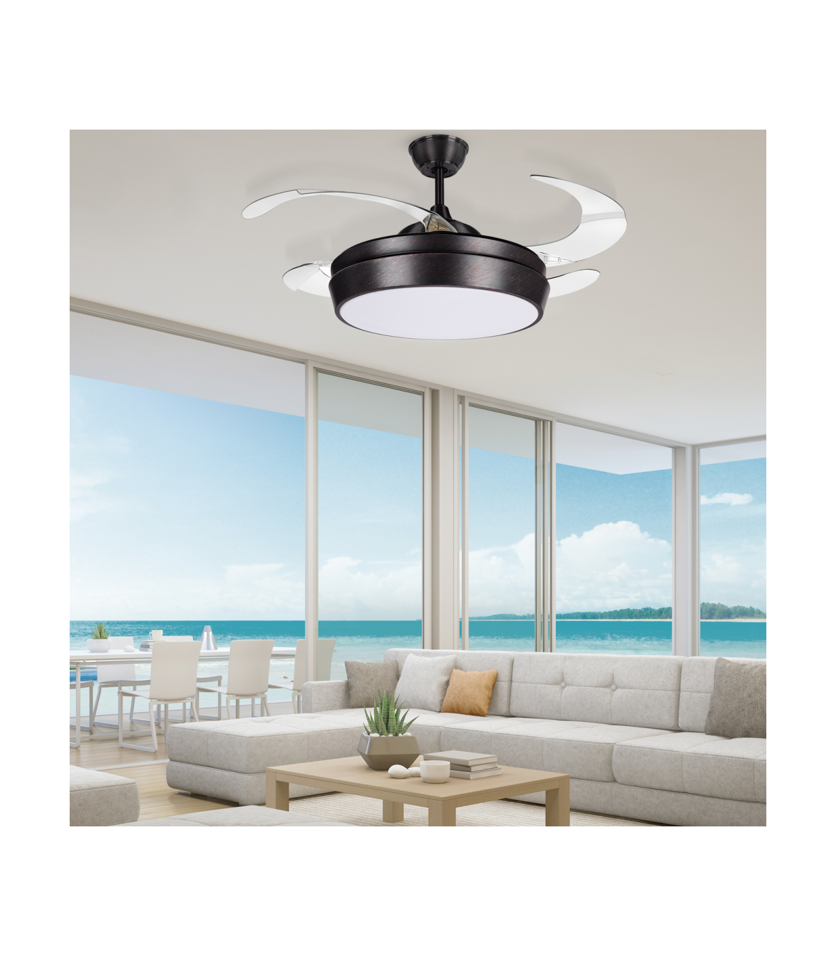 Ventilador LED SIMUN 36W 3.240Lm Marrón Rústico 4 Aspas transparentes plegables