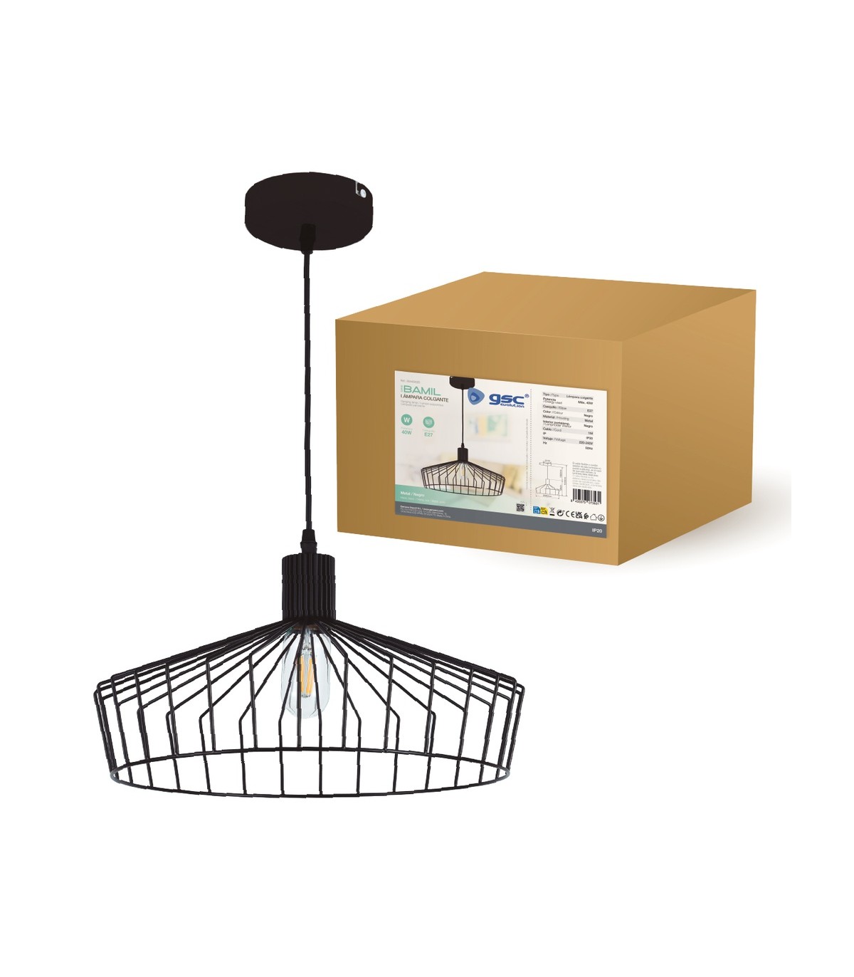 Lámpara Colgante BAMIL 1xE27 Negro