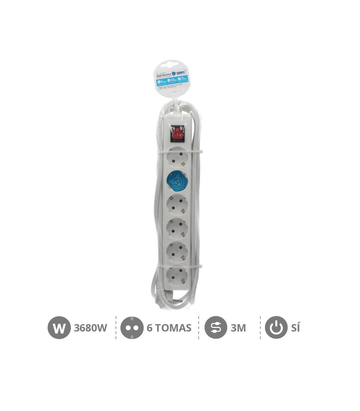 Base Múltiple 6T + Interruptor (3x1.5mm) 3m Blanca