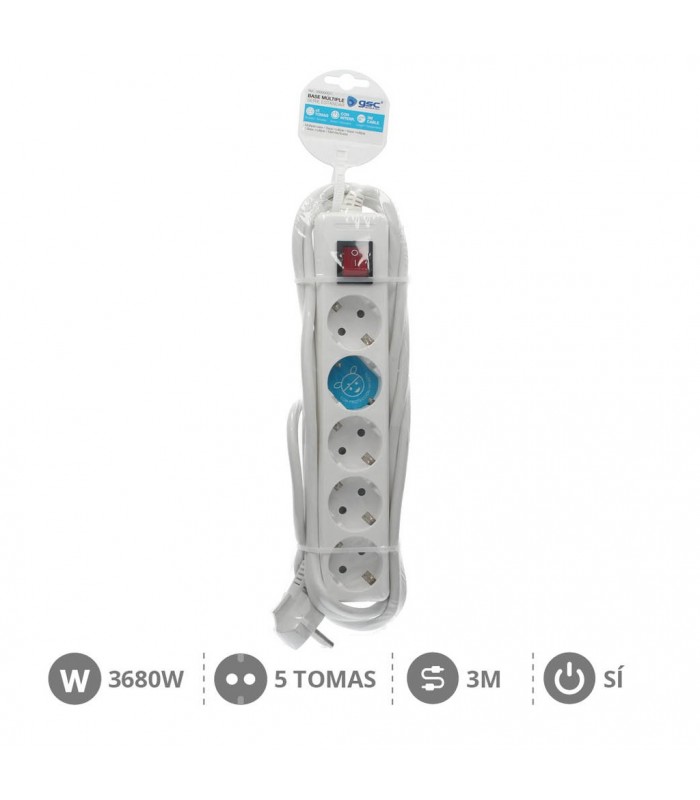 Base Múltiple 5T + Interruptor (3x1.5mm) 3m Blanca