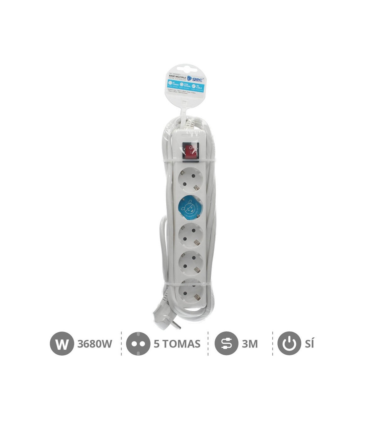 Base Múltiple 5T + Interruptor (3x1.5mm) 3m Blanca