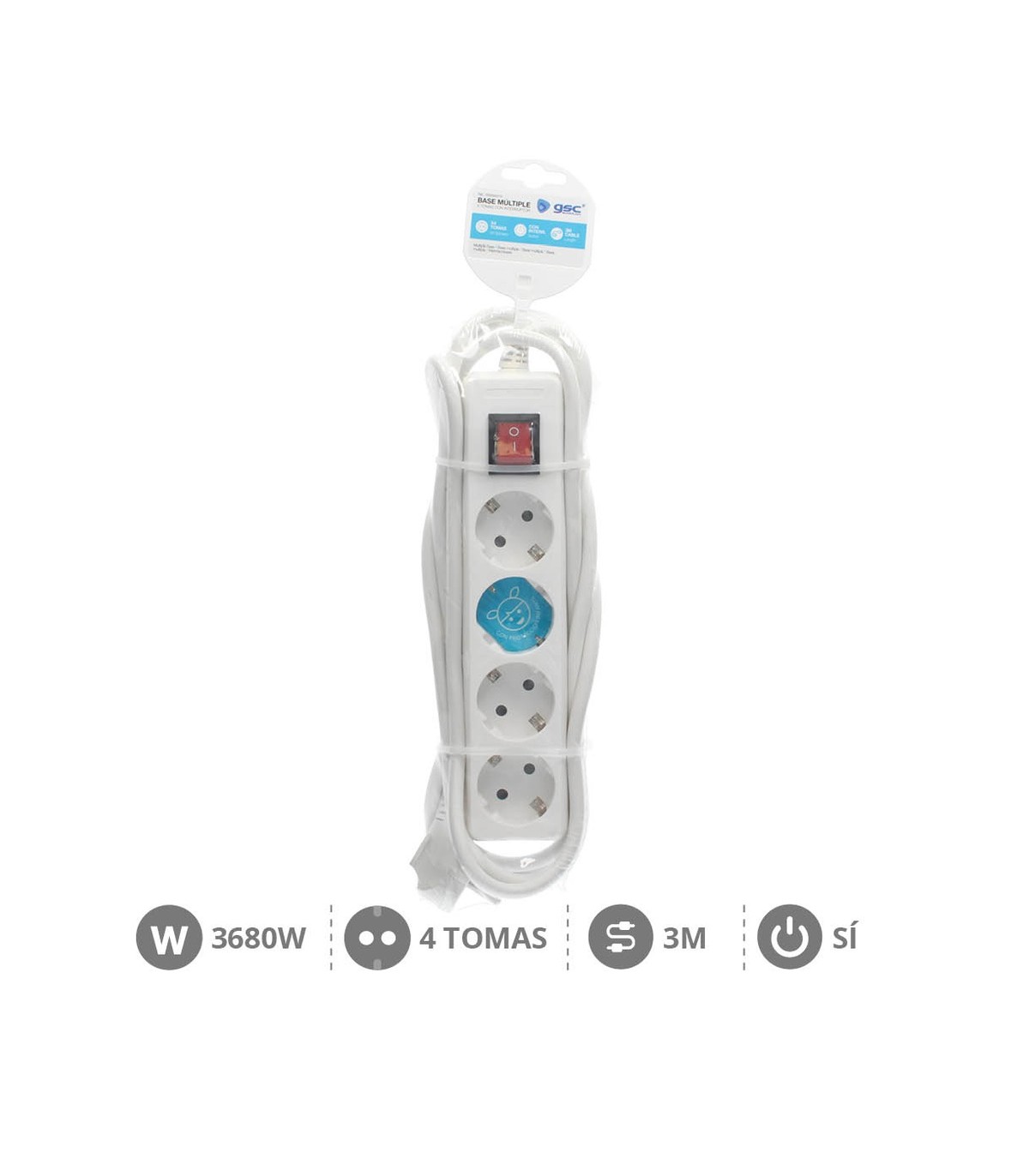 Base Múltiple 4T + Interruptor (3x1.5mm) 3m Blanca