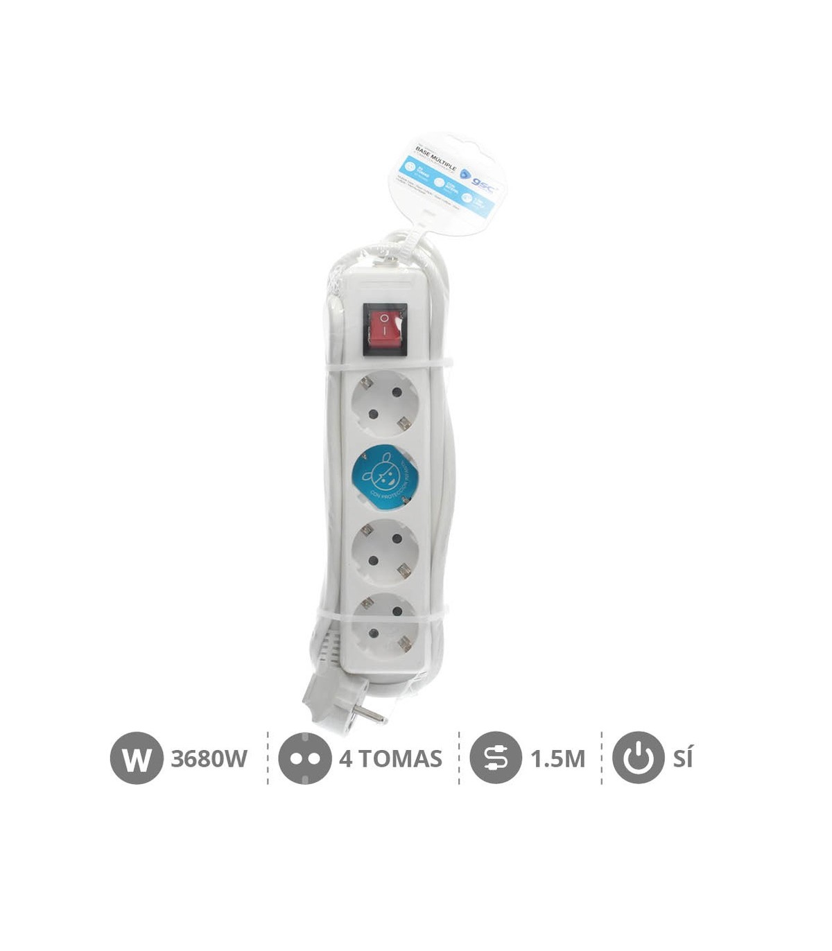 Base Múltiple 4T + Interruptor (3x1.5mm) 1,5m Blanca