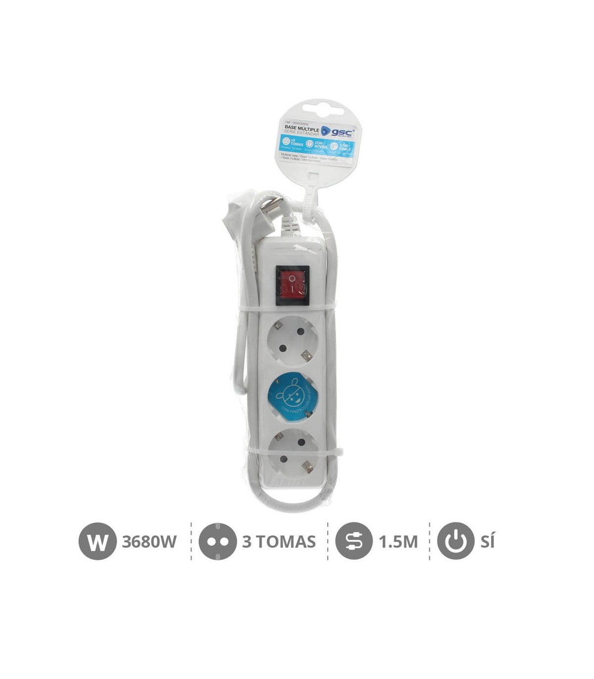 Base Múltiple 3T + Interruptor (3x1.5mm) 1,5m Blanca