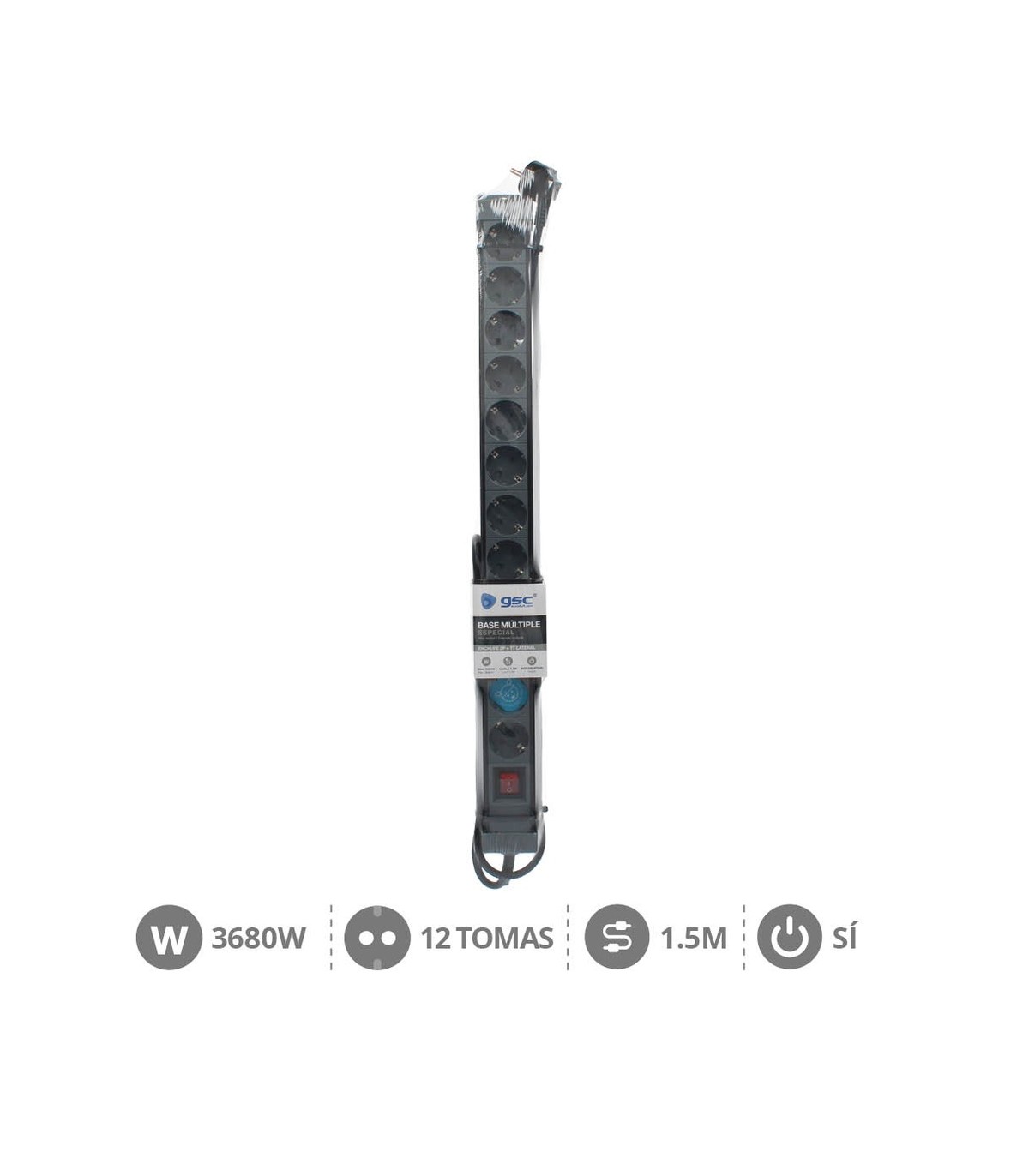 Base Múltiple 12T + Interruptor (3x1.5mm) 1,5m Negra