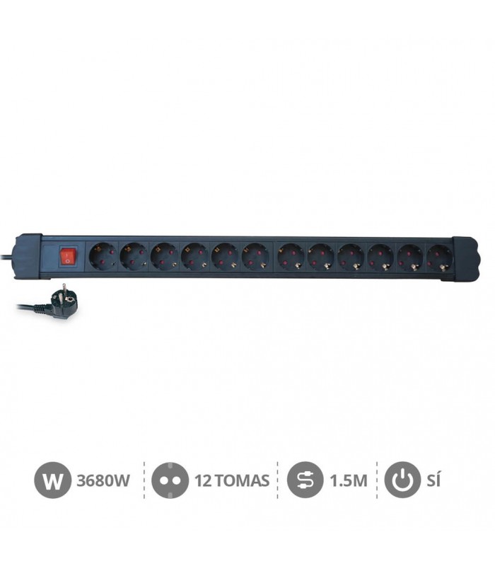 Base Múltiple 12T + Interruptor (3x1.5mm) 1,5m Negra