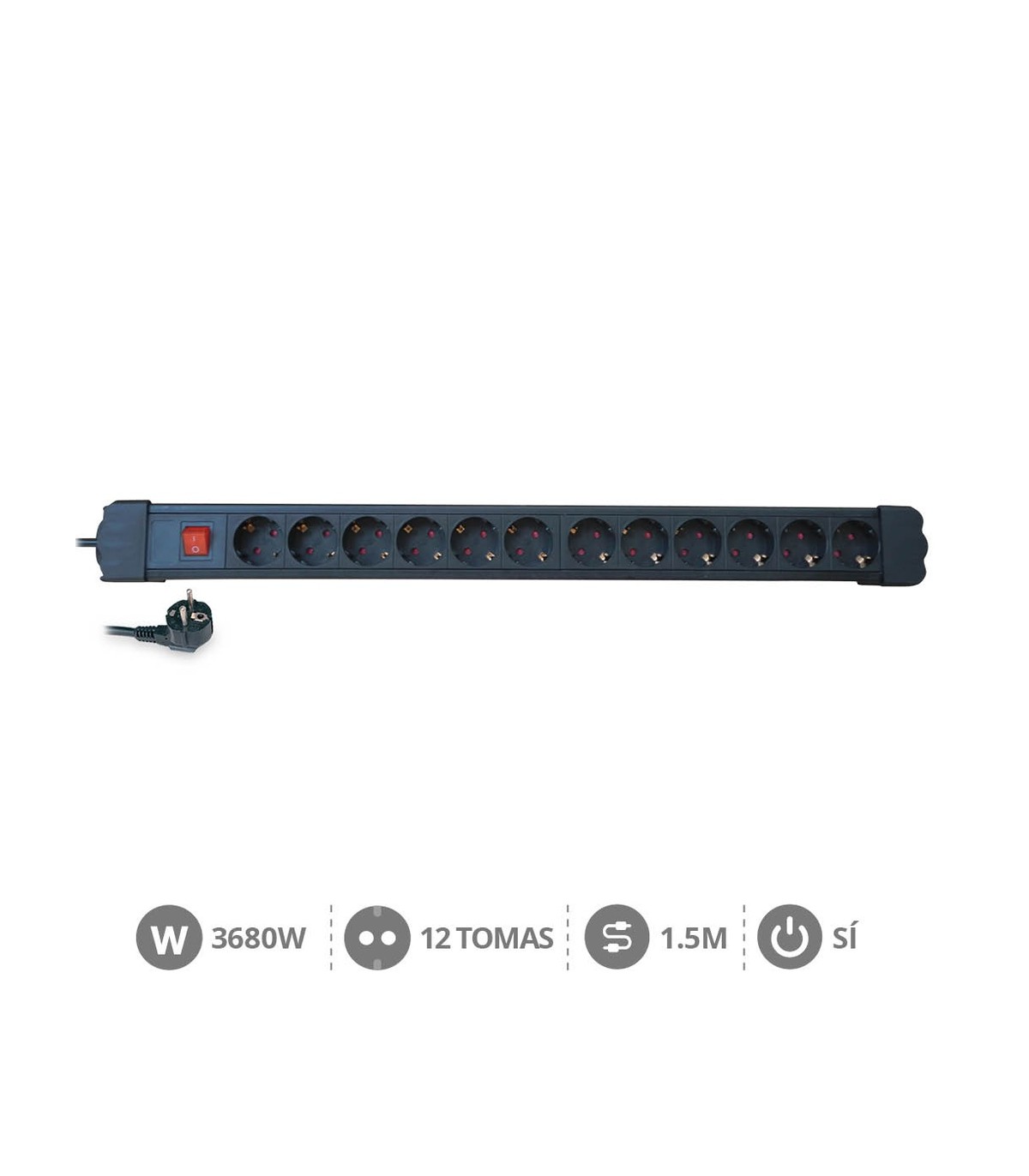 Base Múltiple 12T + Interruptor (3x1.5mm) 1,5m Negra