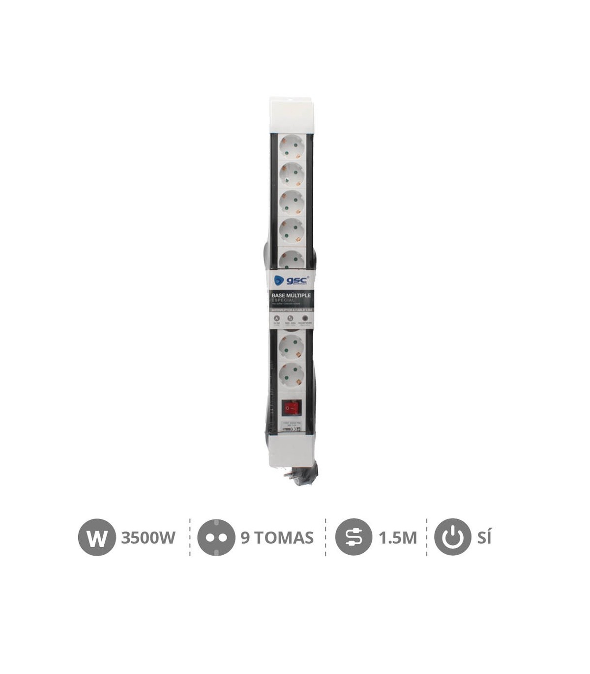 Base Múltiple 9T + Interruptor (3x1.5mm) 1,5m Blanca