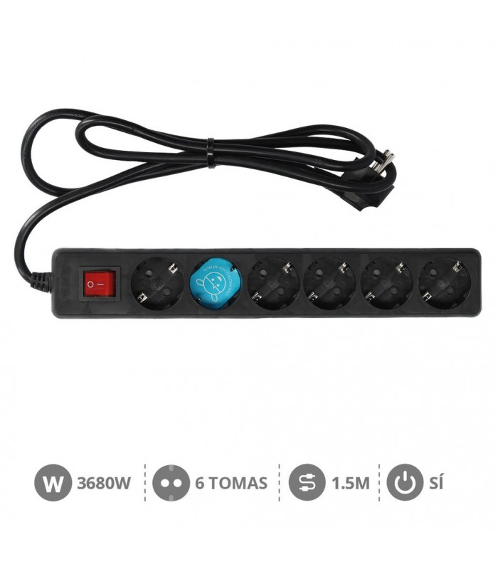 Base Múltiple 6T + Interruptor (3x1.5mm) 1,5m Negra
