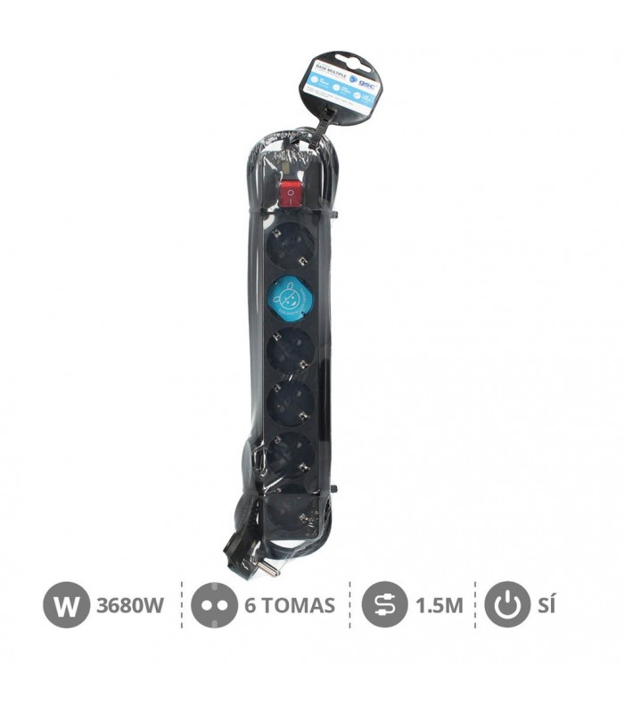 Base Múltiple 6T + Interruptor (3x1.5mm) 1,5m Negra