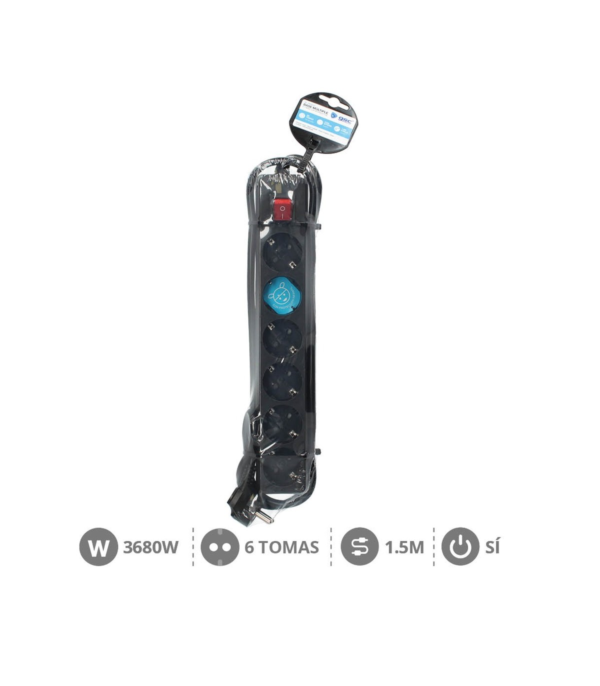 Base Múltiple 6T + Interruptor (3x1.5mm) 1,5m Negra